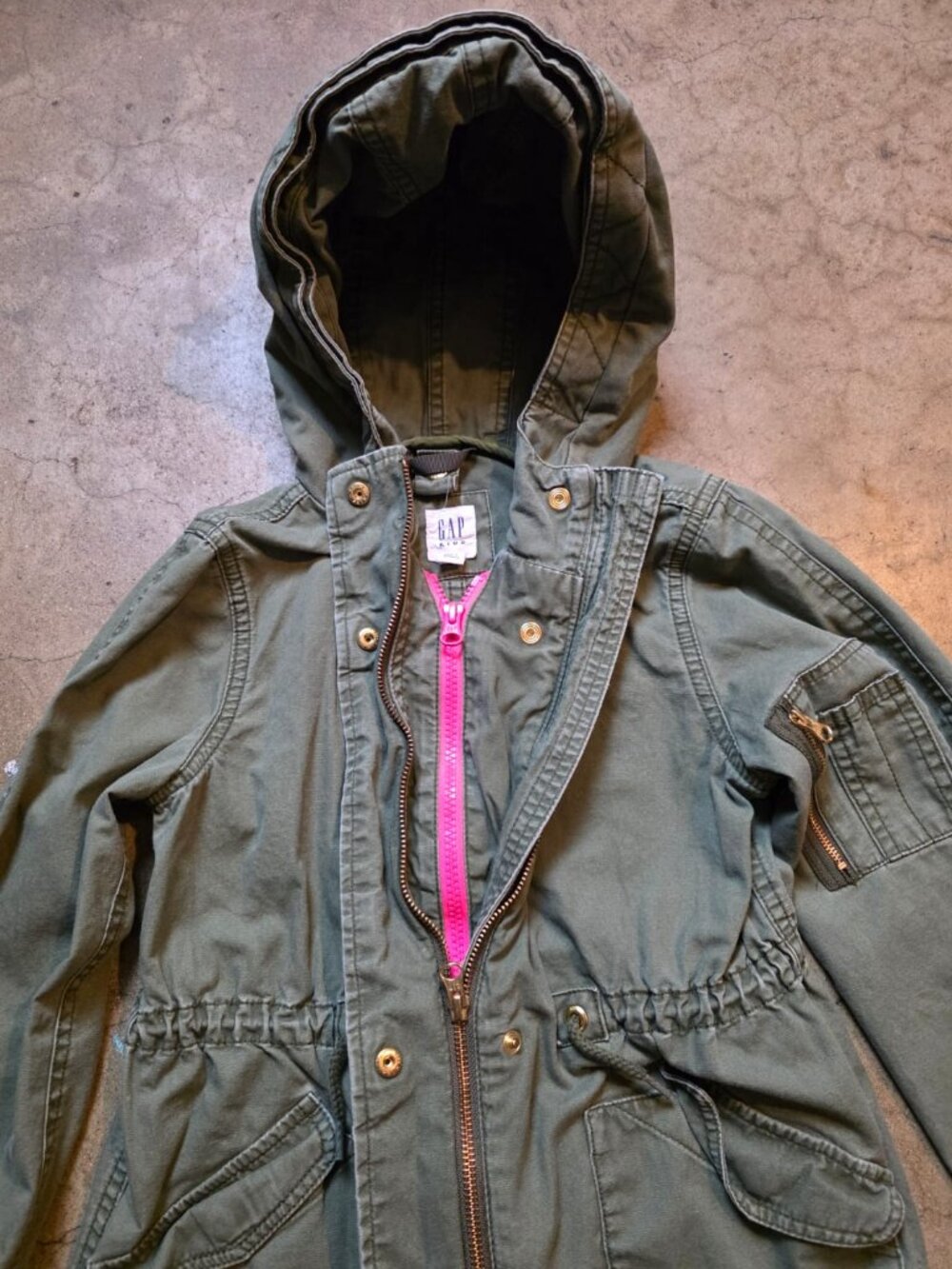 Gap Kids Army Green Faux Fur Lined Hood Utility Jacket Size S
